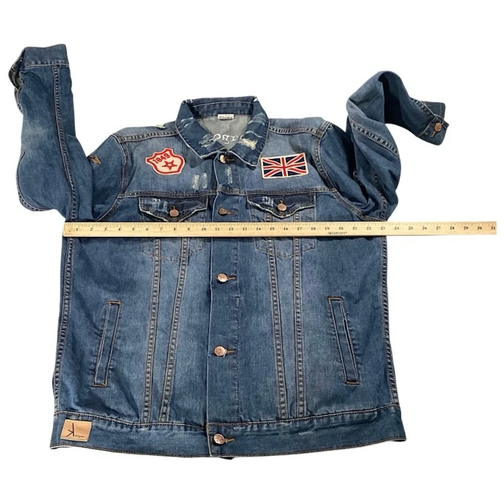Kilogram Jacket Mens XL Trucker Distressed Denim Patch Biker Rocker Rapper Moto - Picture 8 of 16